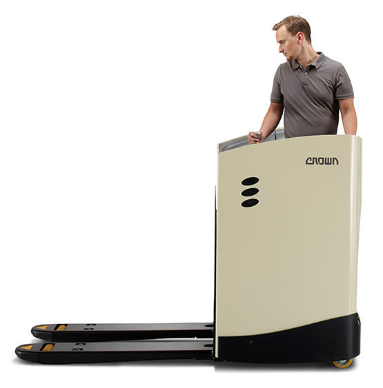 Crown RT series pallet truck allows operators to sit or stand for optimal comfort